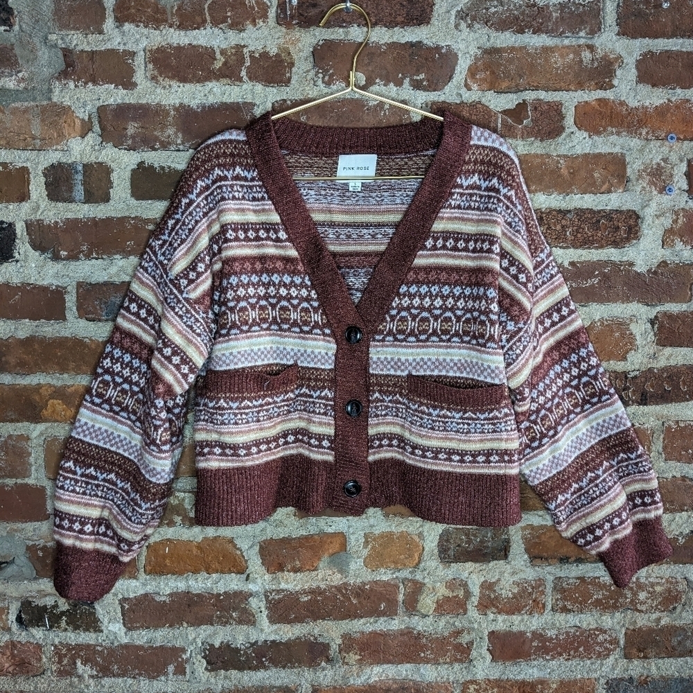 Pink Rose Large Multicolor Striped Long Sleeveβ Button Down Cropped Cardigan